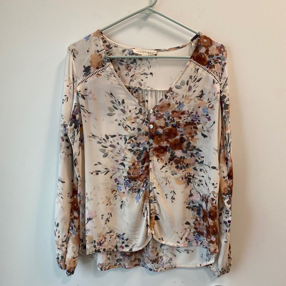 Lovestitch Blouse Womens S Cream Floral Button Front V-Neck Lace Trim Boho Top